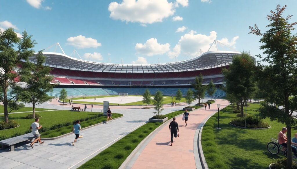 Современные покрытия дорожек вокруг футбольной арены - иллюстрация