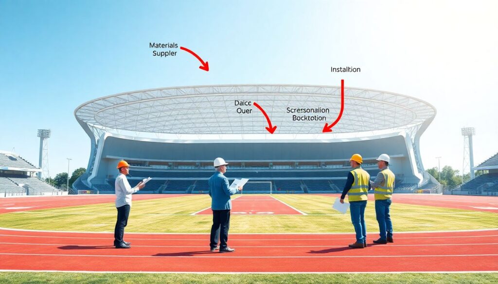 Современные покрытия дорожек вокруг футбольной арены - иллюстрация